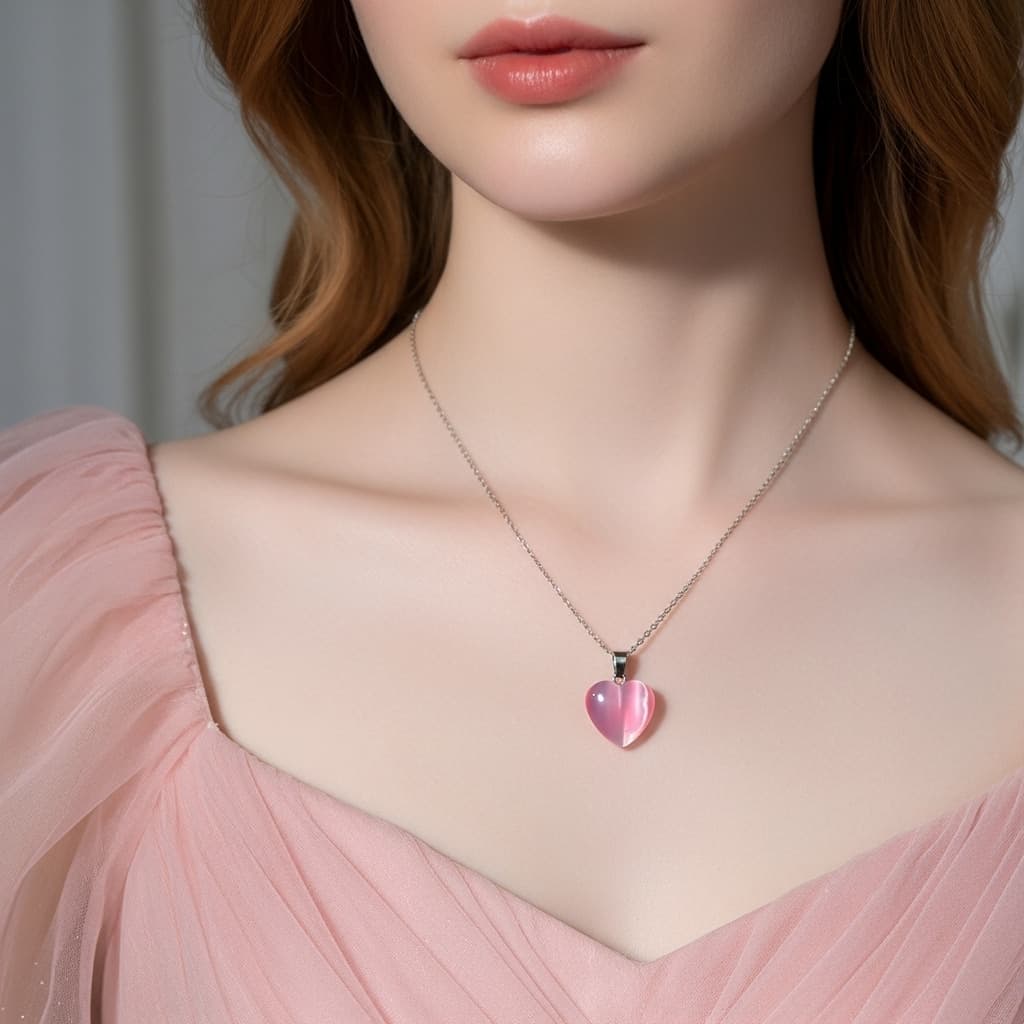 Pink Cat Eye Heart Necklace – Romantic Natural Stone view 2